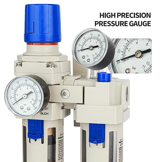 BLCH 3/8" NPT Air Compressor Water Separator - Air Pressure Regulator Compressed Air Filter Regulator Lubricator Combo AC3010-03 Semi-auto Drain Poly Bowl Gauge 0-160 PSI 5μm Brass