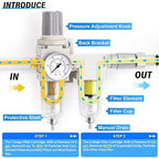 TAILONZ PNEUMATIC 0-150PSI 1/4 Inch NPT Particulate Filter+Coalescing Filter Air Filter Pressure Regulator Combo Piggyback, Air Tool Compressor Filter (Semi-Auto Drainage）
