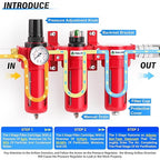 TAILONZ PNEUMATIC 0-150PSI 1/2 Inch NPT Aluminum Alloy Industrial Grade Three Stage Air Drying System, Particulate Filter, Coalescing Filter, Desiccant Dryer and Air Regulator (Manual Drainage)