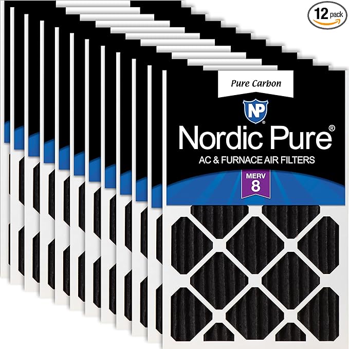 Nordic Pure 20x20x2 (Actual Size: 19 1/2 x 19 1/2 x 1 3/4) Pure Carbon Pleated Odor Reduction Merv 8 Furnace Filters 12 Pack