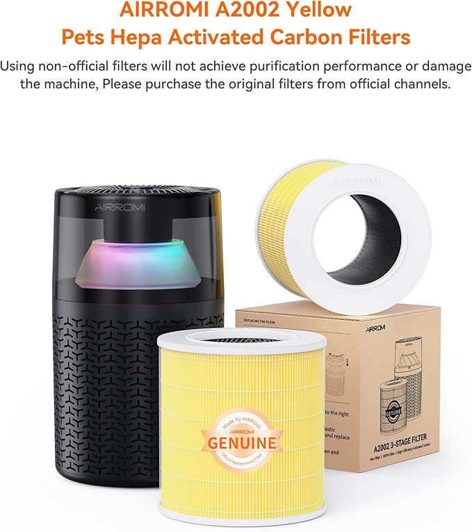AIRROMI A2002 HEPA Air Purifier Replacement Filter, 3-In-1 Original Filter, Remove 99.97% of 0.3 Micron Particle Yellow Pets (2 Pack)