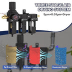 NEWPO 3/8" NPT 3 Stage Air Dryer for Compressor, Air Drying System with 5＆0.01 Micron Filter Cartridge，Desiccant Dryer & Air Regulator, Metal Bowl Semi-Auto Drain