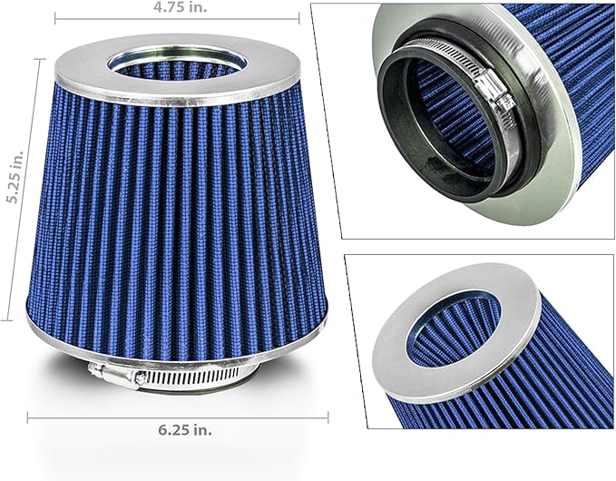 Mortar Aftermarket Auto Air Filter Replacement - Car Enthusiast Class Universal Cold Air Intake Gulps in More Air for More Engine Power & Passionate Induction Sound, 3.5 In, Blue