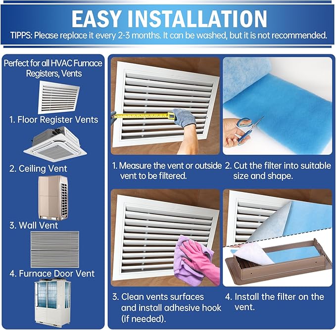 UBeesize Air Vent Filters, 20" x 120" Cut to Size Air Filter Material (80+ Filters), MERV 8 Triple Vent Filter Kit for Home Floor, Grilles, Ceiling, HVAC Furnace Vents, With 48PCs Adhesive Hook Tape
