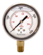2-1/2" Oil Filled Pressure Gauge - Stainless Steel Case, Brass, 1/4" NPT, Lower Mount Connection, 0-4,000PSI