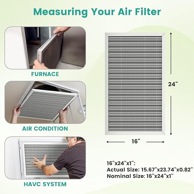16x24x1 Reusable HVAC Furnace Air Filter, Washable Electrostatic Furnace Filter, MERV 8, Lasts a Lifetime, Breathe Fresher, Home And Office (Actual Size: 15.67x23.74x0.8 Inch)