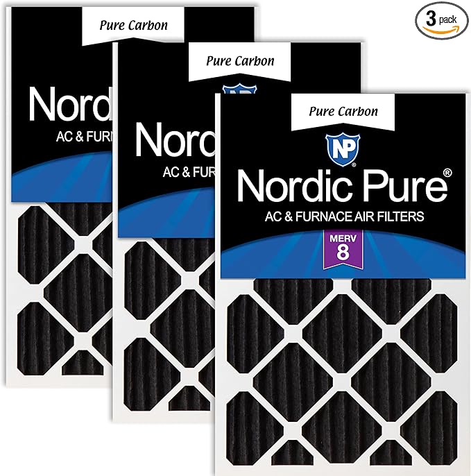 Nordic Pure 20x20x2 (Actual Size: 19 1/2 x 19 1/2 x 1 3/4) Pure Carbon Pleated Odor Reduction Merv 8 Furnace Filters 3 Pack