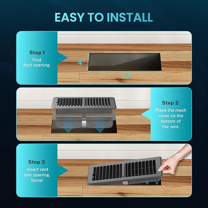Floor Register 4 x 10 Inch, HG Power 3 Pack Heavy Duty Floor Vent Covers for Home with Screen Net, Adjust Metal Rust Proof Finish Air Vent for Kitchen, Heat, Office