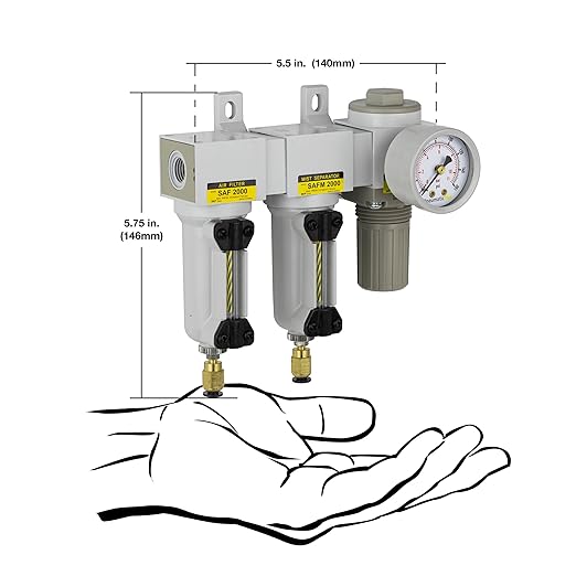 PneumaticPlus SAU2030M-N02DG-MEP Mini Three Stage Air Drying System, 1/4" NPT - Particulate Air Filter, Coalescing Filter, Air Pressure Regulator Combo - Metal Bowl, Auto Drain