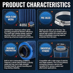 Universal Clamp-On Air Intake Filter, High Performance, Washable Filter, Replacement Air Filter, Flange Diameter 2.5inch/64mm (Blue)