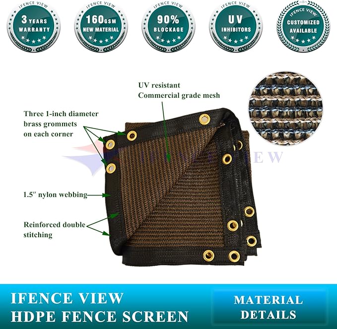 Ifenceview 6'x3' to 6'x50' Brown Shade Cloth/Fence Privacy Screen Fabric Mesh Net for Construction Site, Yard, Driveway, Garden, Railing, Canopy, Awning 160 GSM UV Protection (6' x 20')