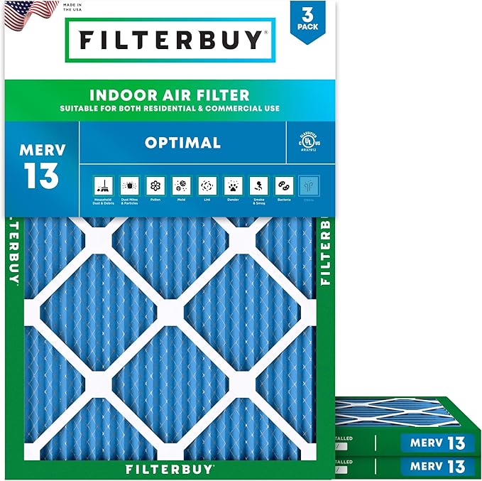 Filterbuy 16.38x21.5x1 Air Filter MERV 13 Optimal Smoke & Allergy Defense (3-Pack), Electrostatic Pleated HVAC AC Furnace Filters Replacement, Made in USA (Actual Size: 16.50 x 21.50 x 0.75)