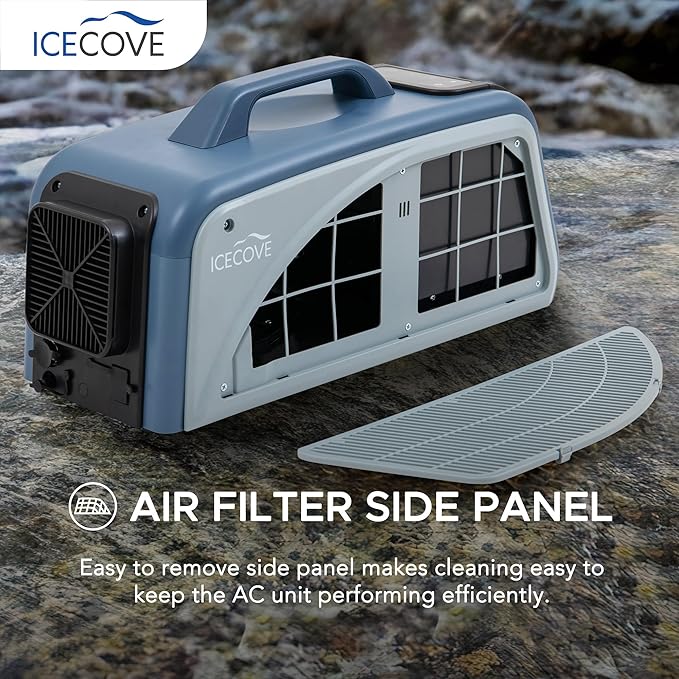 IceCove Portable Air Conditioner with Add-on Battery & Solar Panel, 2500BTU AC Unit, 250W Low Power Consumption, 25.5VDC, 2 Fan Speed, 3 Light Mode for Tent Camping RV Truck Van Life Home, Blue
