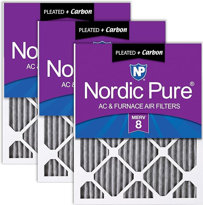 Nordic Pure 12x12x1 (Actual Size: 11 3/4 x 11 3/4 x 3/4) Furnace Air Filters MERV 8 Pleated Plus Carbon 3 Pack
