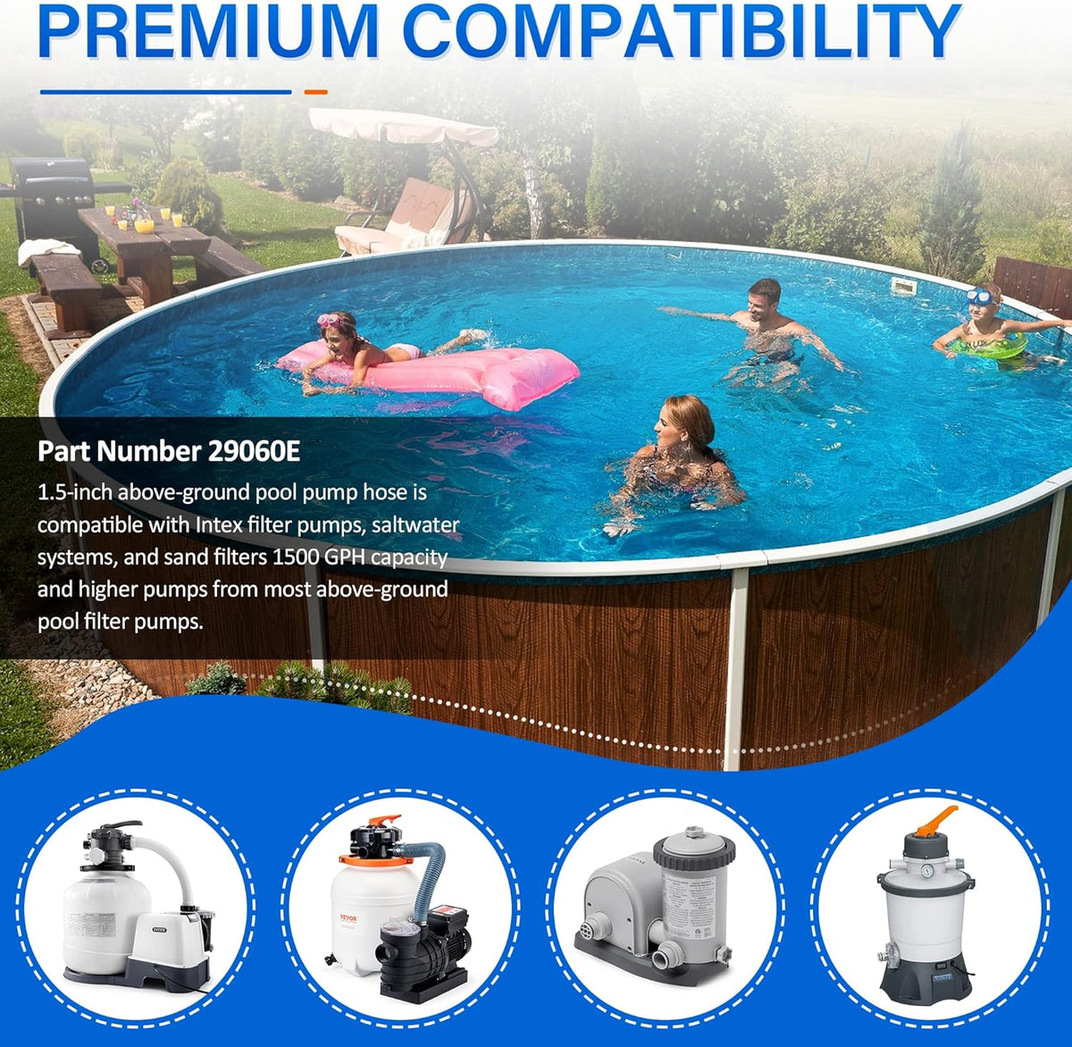 1.5" Pool Pump Hose for 29060E Intex Pumps, Saltwater Systems, and Sand Filters,59" Long Replacement Hoses fit for Intex & Coleman Above Ground Pools Parts (2 Pack)
