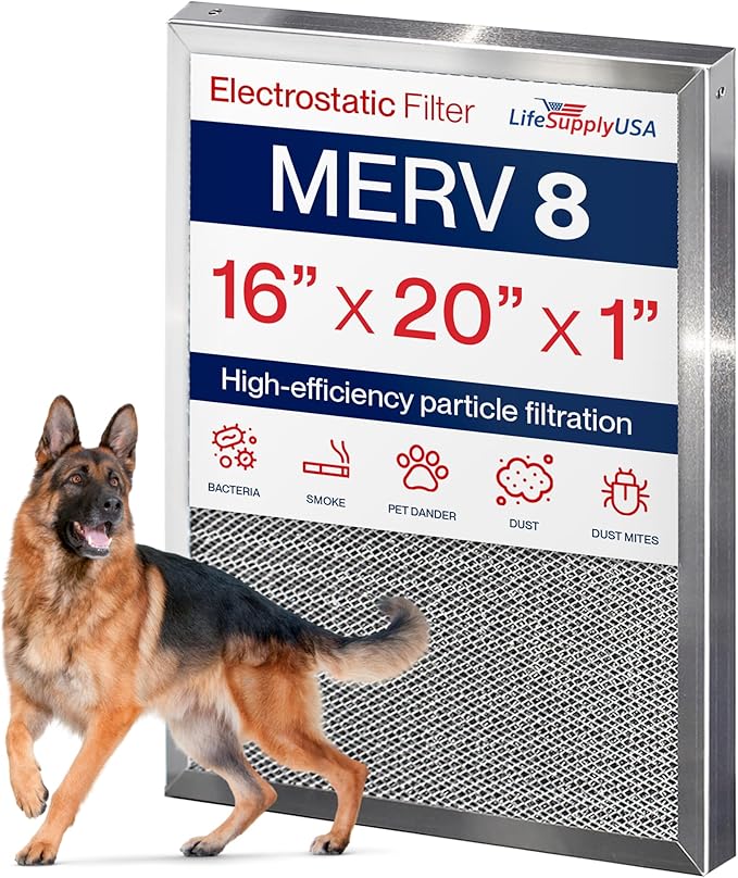 16x20x1 Electrostatic Air Filter, MERV 8, Washable, Reusable Furnace AC/HVAC Filter, Energy Saving, Easy to Clean, Long-Lasting by LifeSupplyUSA