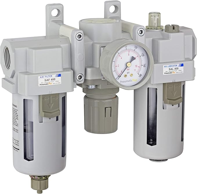 PneumaticPlus SAU400-N06G Compressed Air Filter Regulator Lubricator Combo 3/4" NPT - Poly Bowl, Manual Drain, Bracket, Gauge