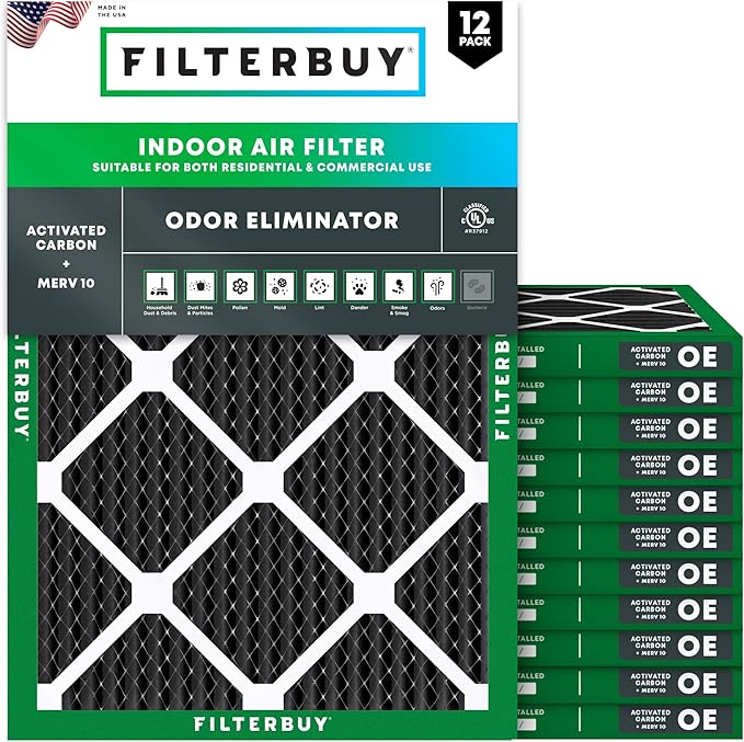 Filterbuy 18x25x1 Air Filter MERV 10 Odor & Allergy Defense with Activated Carbon (12-Pack), Electrostatic Pleated HVAC AC Furnace Filters Replacement, Made in USA (Actual Size: 17.50 x 24.50 x 0.75)