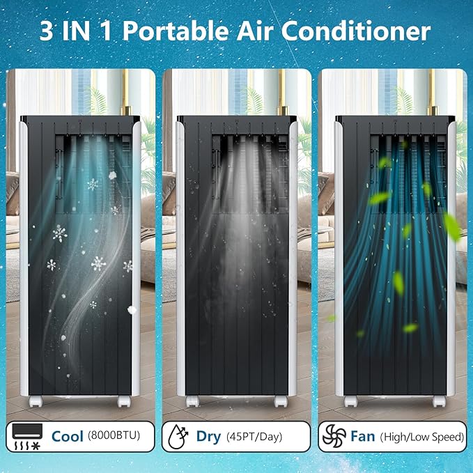 Portable AC Unit with 8000 BTU Cooling, Remote Control & 24-Hour Programmable Timer, Low-Noise Design for Rooms Up to 350 Sq.Ft, Ideal for Dorm or Office Use, Black and White Design