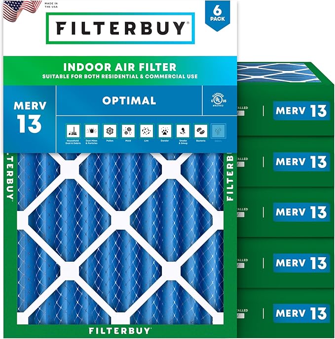 Filterbuy 12x18x4 Air Filter MERV 13 Optimal Smoke & Allergy Defense (6-Pack), Electrostatic Pleated HVAC AC Furnace Filters Replacement, Made in USA (Actual Size: 11.50 x 17.50 x 3.63)