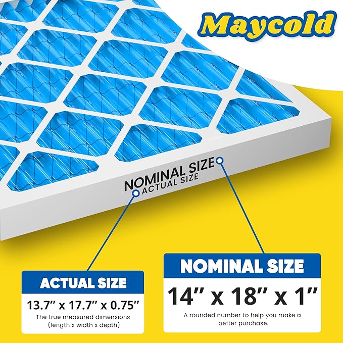 Maycold 14x18x1 MERV 11 Furnace Air Filter (6-Pack), High-Performance HVAC AC Filters for Home Use, Actual Size: 13.70" x 17.70" x 0.75", Individually Wrapped in Plastic