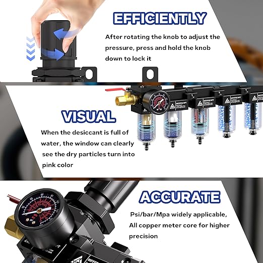 1/4'' NPT 5 Stage Compressed Air Dryer,Air Dryer for Compressor 5 &0.5 &0.01 Micron Filter Cartridge,Double Desiccant Dryers & Air Regulator,Metal Bowl, Semi-Auto Drain,Industrial Grade-Black