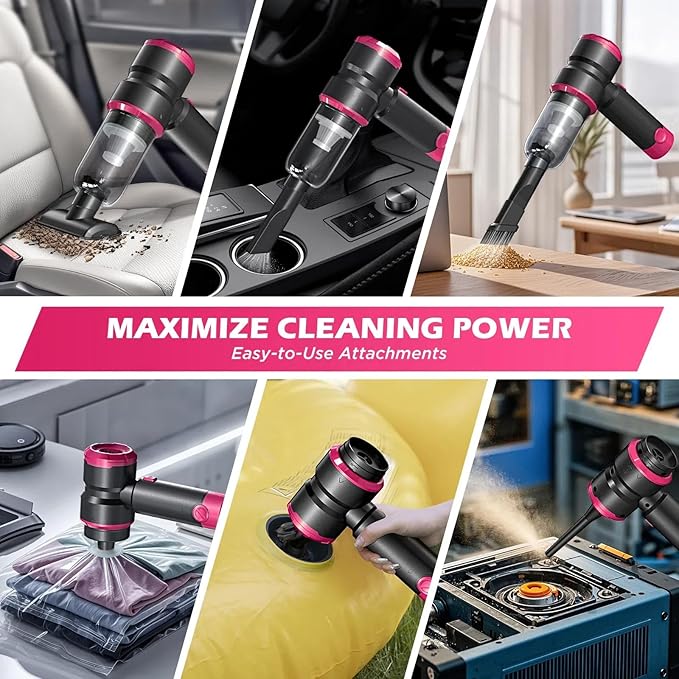 Handheld Car Vacuum with 15000PA Power, 4 in 1 Powerful Cordless Vacuum Cleaner & Air Duster with 2000mAh Battery, Rechargeable Portable Mini Hand Held Vacuum for Car, Home,Office,Pet Hair（Pink）