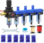 NEWPO 1/4" NPT 5 Stage Air Dryer for Compressor,Brass Filter&Coalescing Filter,Triple Desiccant Dryer and Air Regulator,Air Compressor Water Separator System with Metal Bowl Semi-Auto Drain (Blue)