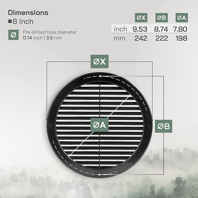 Vent Systems 8" Inch (Opening Dimensions) Black Soffit Vent Cover - Plastic Return Air Vent Cover - Round Ventilation Grille with Mesh Screen - HVAC Register Louver for Bathroom, Home, Kitchen