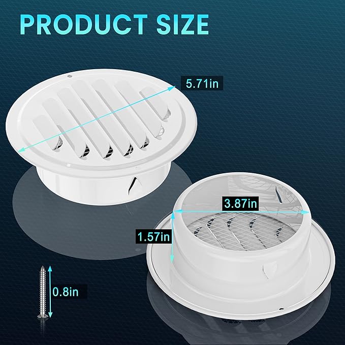 HG Power 4 Inch Soffit Vents, Stainless Steel Round Air Vent with Screen Mesh, Louver Exhaust Vent Cover for Wall Garage, Kitchen, Attic & House Ventilation, 4- Pack, White