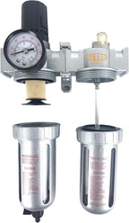 1/4" NPT Mid Flow Compressed Air In Line Filter Regulator Lubricator Oiler Combo Piggyback, Poly Bowl And Metal Body, 5 Micron Element, Adjustable From 7 to 145 PSI (MANUAL DRAIN)