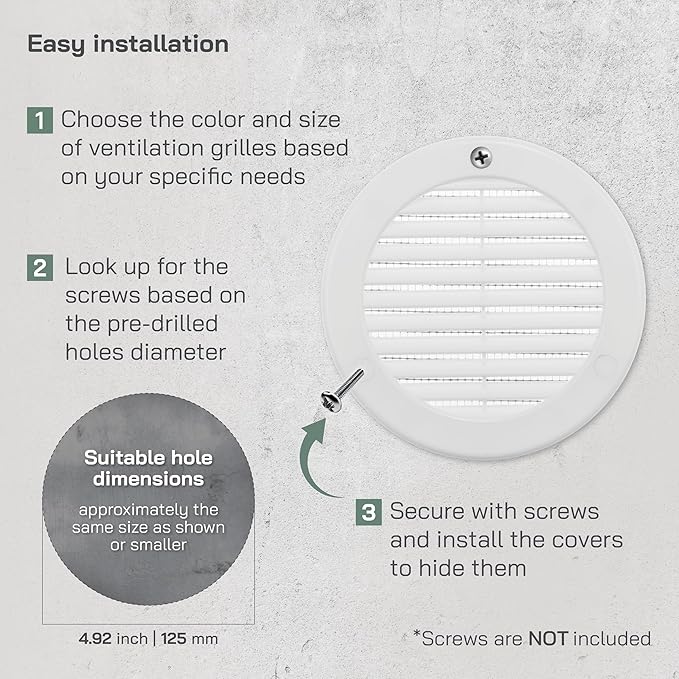 Vent Systems 5" Inch (Opening Dimensions) - Pack of 2 - White Soffit Vent Cover - Plastic Round Air Vent Grille - Built-in Mesh Screen - HVAC Register Louver for Bathroom, Home, Kitchen