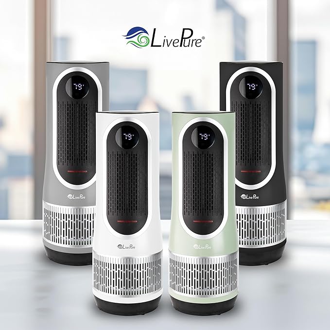 LivePure 3-in-1 LP500 Clean Heat Air Purifier & Electric Heater – Oscillating Portable Heater with 2 Heat Modes and Air Filtration – Heater for Indoor Use in Bedrooms, Home Office & Apartments, Black
