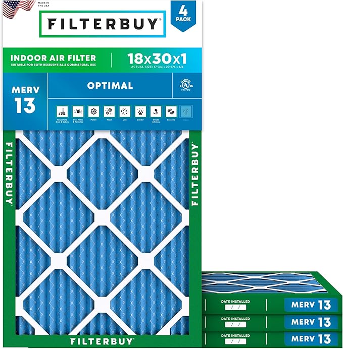 Filterbuy 18x30x1 Air Filter MERV 13 Optimal Smoke & Allergy Defense (4-Pack), Electrostatic Pleated HVAC AC Furnace Filters Replacement, Made in USA (Actual Size: 17.75 x 29.75 x 0.75)