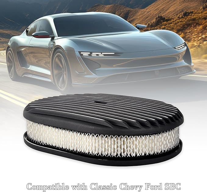 12" Air Cleaner Kit Black Aluminum Oval Full Finned Compatible with Classic Chevy Ford