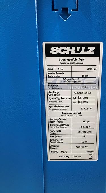 SCHULZ REFRIGERATED AIR DRYER FOR AIR COMPRESSOR, COMPRESSED AIR SYSTEMS, 20-25 CFM, GOOD UP TO 5HP COMPRESSORS MAX (WITH REGULATOR PRE-FILTER)