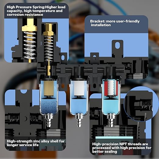 3 Stage Air Dryer 1/4" NPT,Air Dryer System Air Compressor Filter Dryer,5 &0.5 &0.01 Micron Filter Cartridge,Semi-Auto Drain, Metal Bracket-Blue
