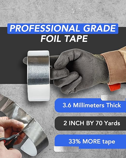 TapePlus Aluminum Foil Tape - Heat Resistant Tape & High Temperature Seal - Thermal Duct Insulation & HVAC Seal - Waterproof Metal Adhesive for Ductwork - Pack of 6, 2 in x 210 ft, Silver
