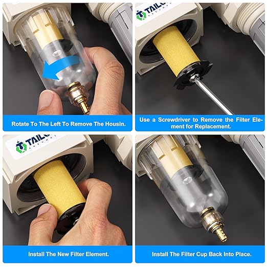 TAILONZ PNEUMATIC 1/4 Inch NPT Air Filter Pressure Regulator Combo Piggyback, 5 Micron Brass Element Air Tool Compressor Filter with Gauge AW2000-02