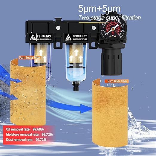 3/8" NPT Air Dryer System,Air Compressor Filter Dryer,5 and 5 Micron Filter Cartridge,Semi-Auto Drain, Metal Bracket