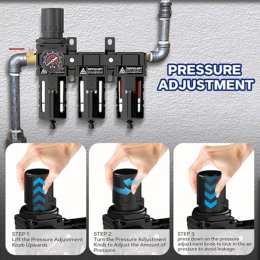 Three Stage Air Drying System, 3/8" NPT Air Dryer System Air Compressor Filter Dryer,5 &0.5 &0.01 Micron Filter Cartridge,Semi-Auto Drain, Metal Bracket-Blue