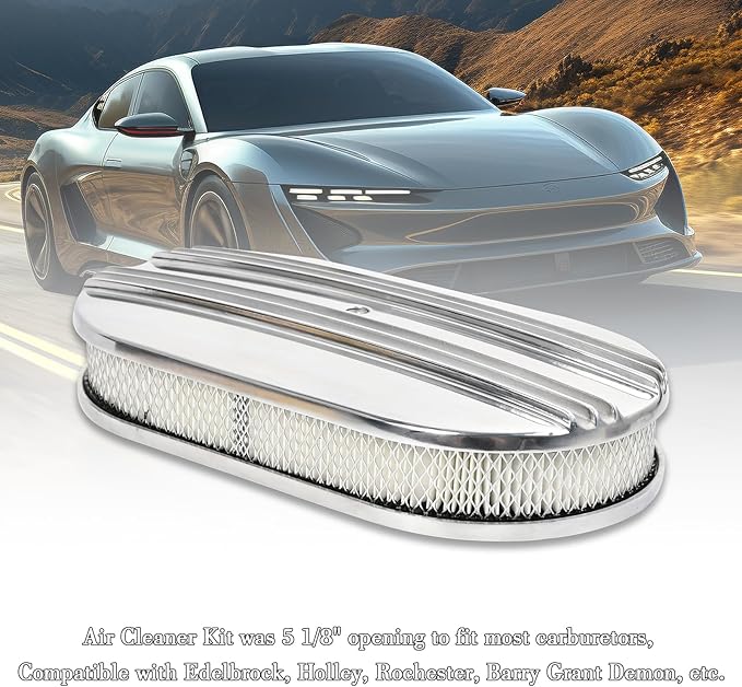 15" Polished Aluminum Air Cleaner Assembly Kit Alloy Oval Partial Half Finned with Element