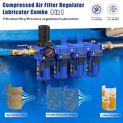 3/8" NPT Compressed Air Filter Regulator Lubricator Combo,Air Compressor Dryer Oil Water Separator,Brass Cartridge with Double Desiccant - Gauge(0-150 psi), Poly Bowl, Semi-Auto Drain, Bracket