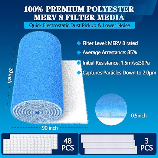 MERV 8 Air Vent Filters, 20" x 90"Cut to Fit Air Filter Material (80+ Filters),Electrostatic Triple Vent Filter for Floor, Ceiling, HVAC & RV Vents, Includes 48 Adhesive Hook Tape