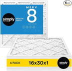 Simply 16x30x1 Air Filter, Merv 8, 6 Pack, For Home AC Furnace & HVAC (Actual Size: 15.75"x29.75"x0.75") DUST, Pet, & Allergy Control