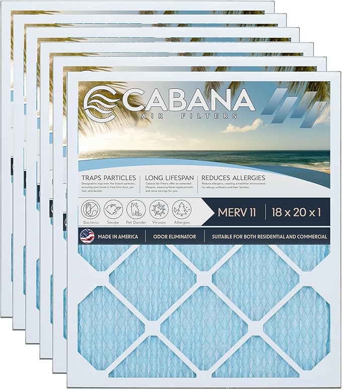Cabana Filters 6-Pack 18x20x1 MERV 11 AC Furnace Air Filter for Home and Office - Indoor HVAC System Filtration Replacement, Captures Unwanted Particles