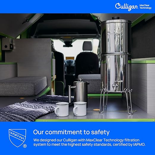 Culligan MaxClear 2.25 Gallon Gravity Water Filter System, Brushed Stainless-Steel Countertop Water Filter NSF/ANSI Certified to Reduce Microplastics, Lead & Total PFAS, with 2 Ceramic Filters