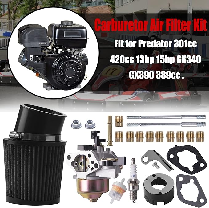 Predator Carburetor Air Filter Adapter Jet Kit for Predator 301cc 420cc 13hp 15hp GX340 GX390 389cc Mini Bike Parts Go Kart Golf Cart Mud Boats Lawnmower Pressure Washer(Black)