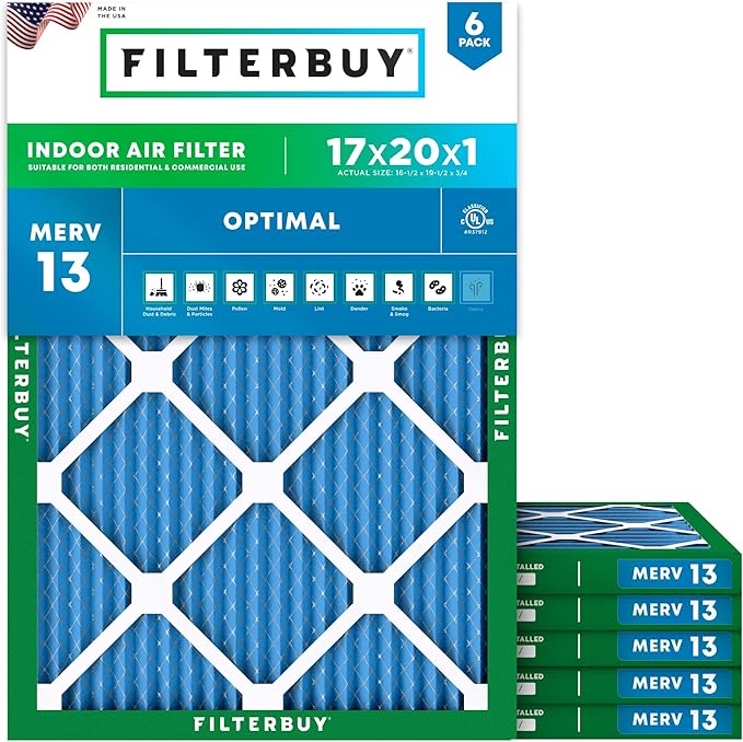 Filterbuy 17x20x1 Air Filter MERV 13 Optimal Smoke & Allergy Defense (6-Pack), Electrostatic Pleated HVAC AC Furnace Filters Replacement, Made in USA (Actual Size: 16.50 x 19.50 x 0.75)