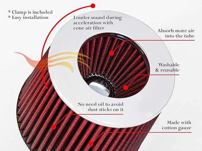 RED 4 inch 102 mm Inlet Truck Air Cone Replacement Performance Washable Clamp-On Dry Air Filter (8" Tall)